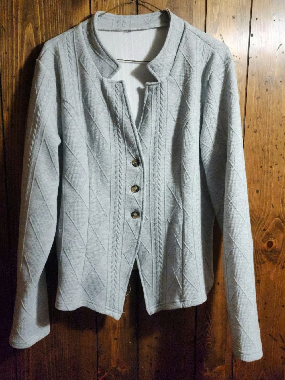 Light Grey Cable Knit Diamond Textured Button-Front Cardigan Jacket / Blazer